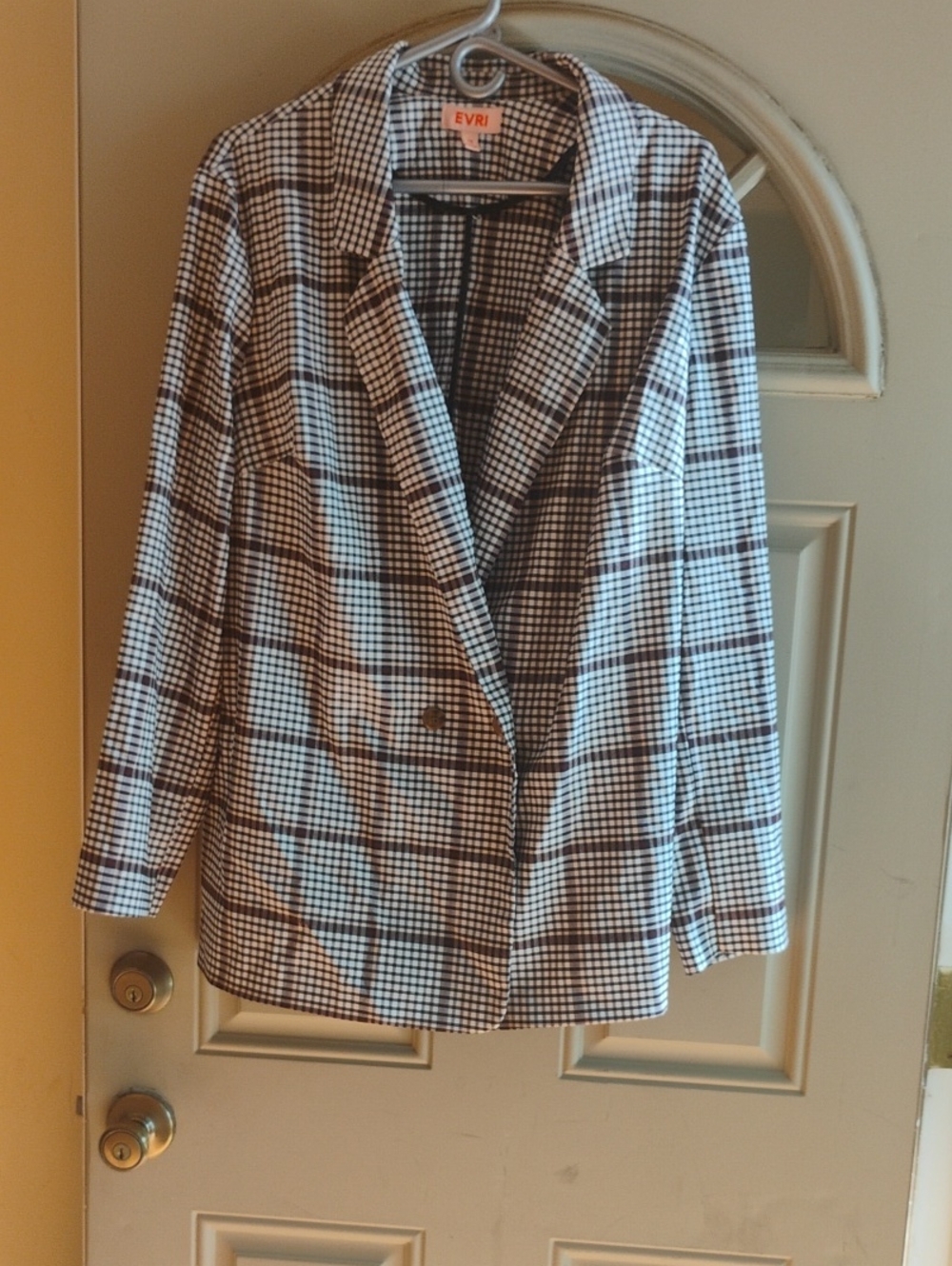 EVRI Black and White Plaid Double-Breasted Blazer